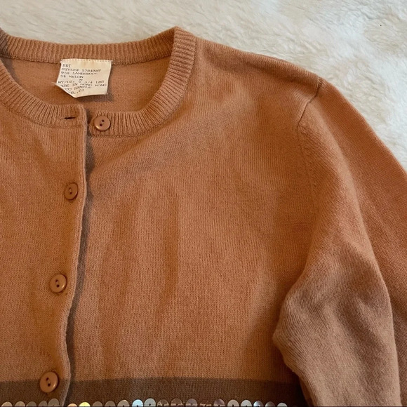 Vintage 80s/90s camel beige wool cardigan with sequins and stripe - Picture 2 of 4